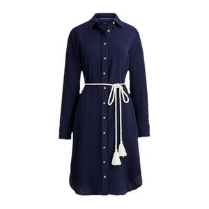 J. Crew Gauze Shirt Dress Tassel Belt Long Sleeve Casual Blue Size 10‎